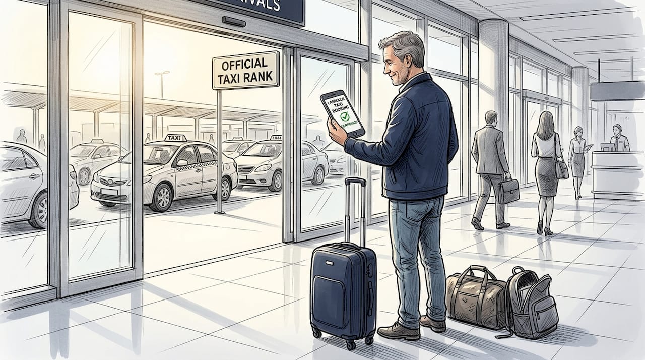 Traveler booking taxi at airport exit