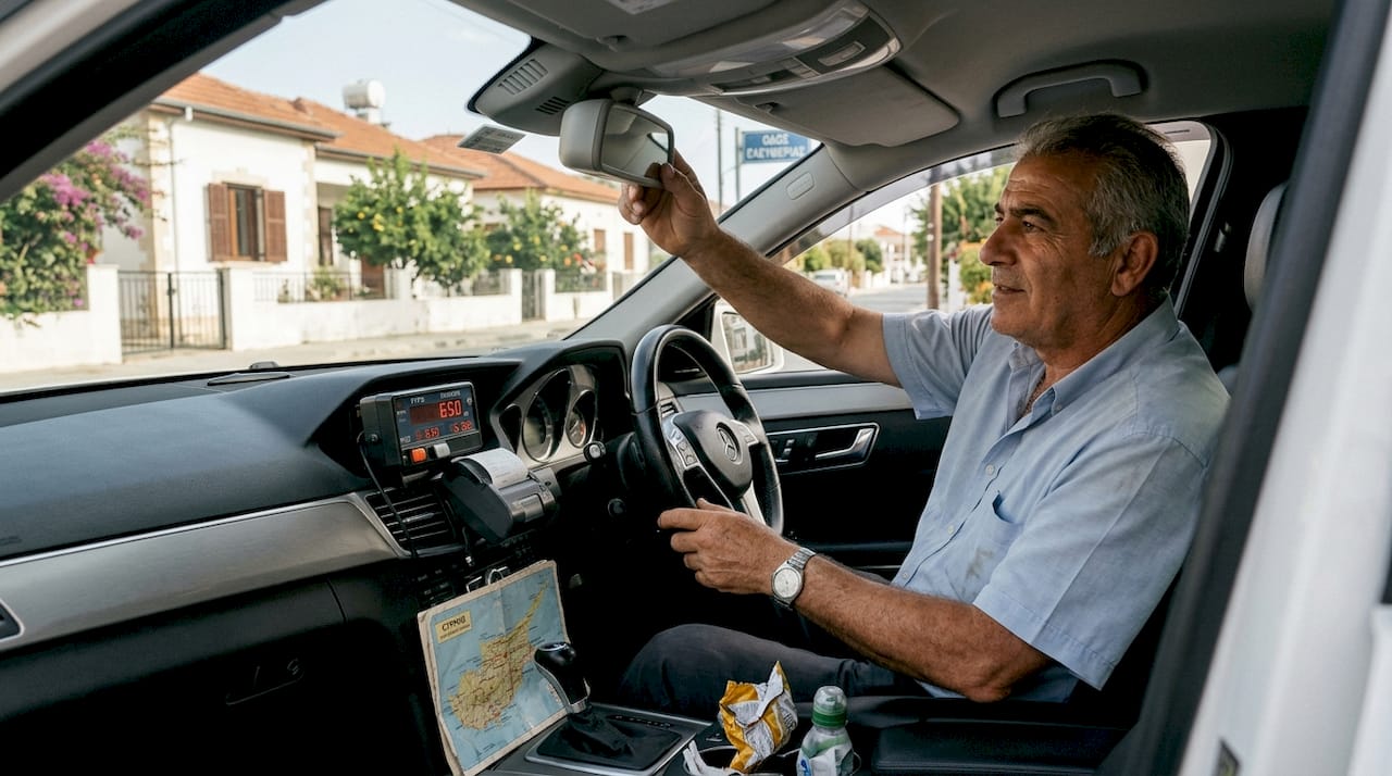 Ένας Κύπριος ταξιτζής ρίχνει μια ματιά στον καθρέφτη για να δει τι γίνεται πίσω του.