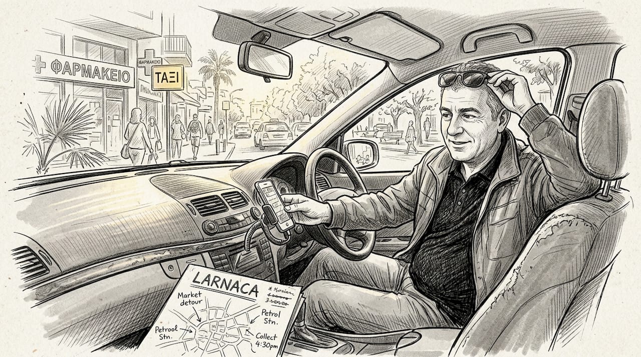 Larnaca taxi driver using mobile app in parked car