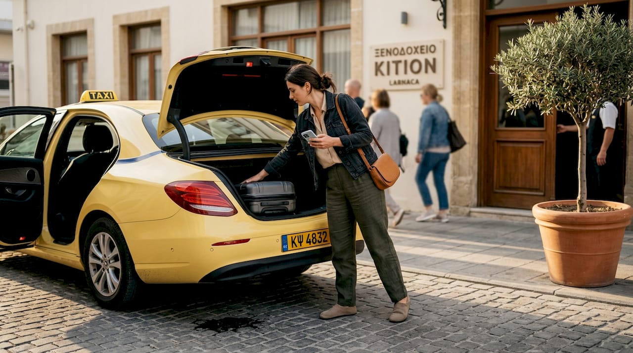 Ένας ταξιδιώτης βγάζει τις αποσκευές του από το ταξί στο κέντρο της πόλης.