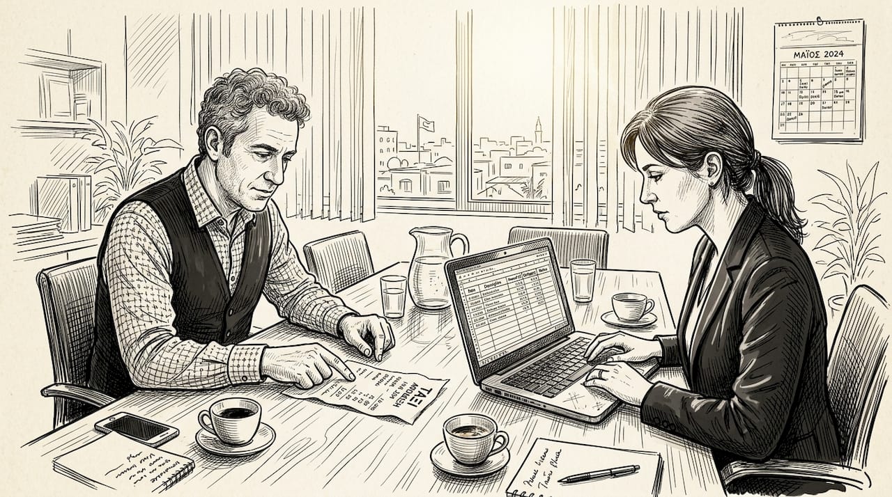 Colleagues reviewing taxi costs in office