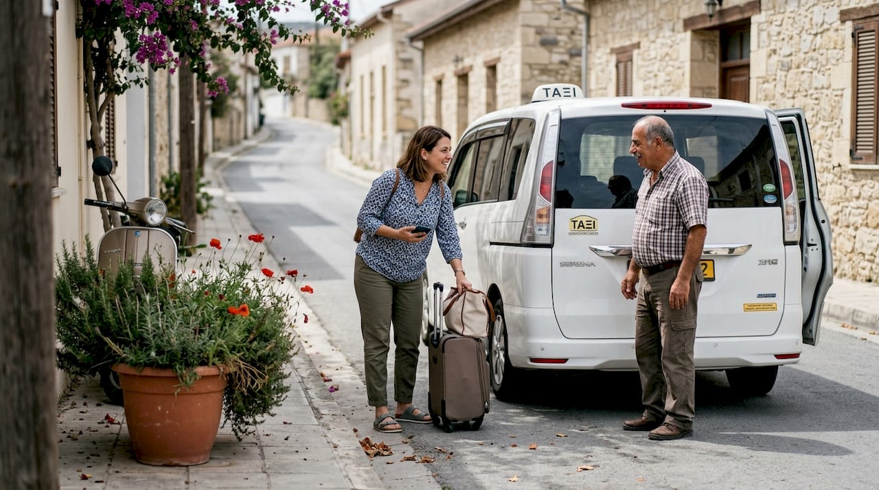 Ένας ταξιδιώτης ετοιμάζει τις βαλίτσες του δίπλα σε ταξί στην Κύπρο.