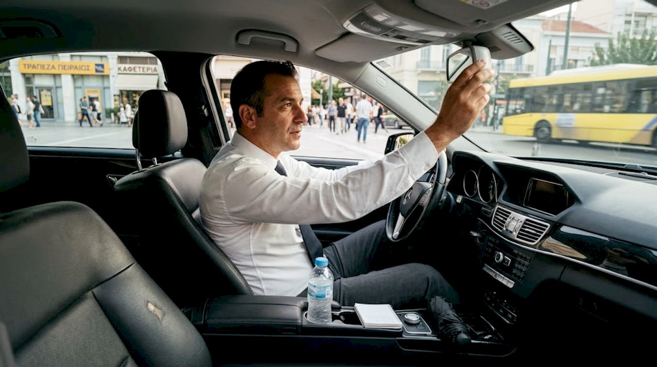 Ο οδηγός ενός ταξί πολυτελείας ρυθμίζει τον καθρέφτη του για μεγαλύτερη άνεση και ασφάλεια στο ταξίδι.