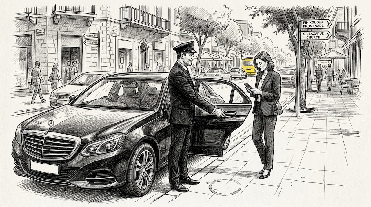 Chauffeur opening luxury car door in city