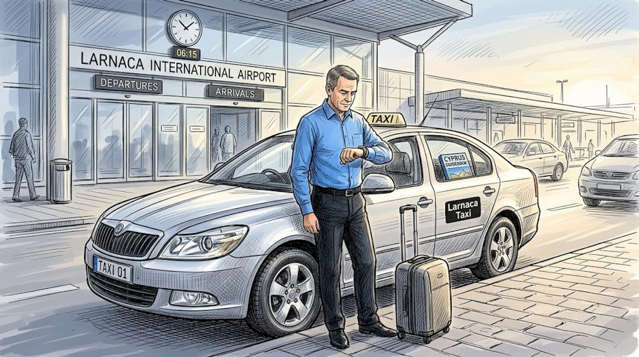 Taxi driver checking watch at Larnaca airport