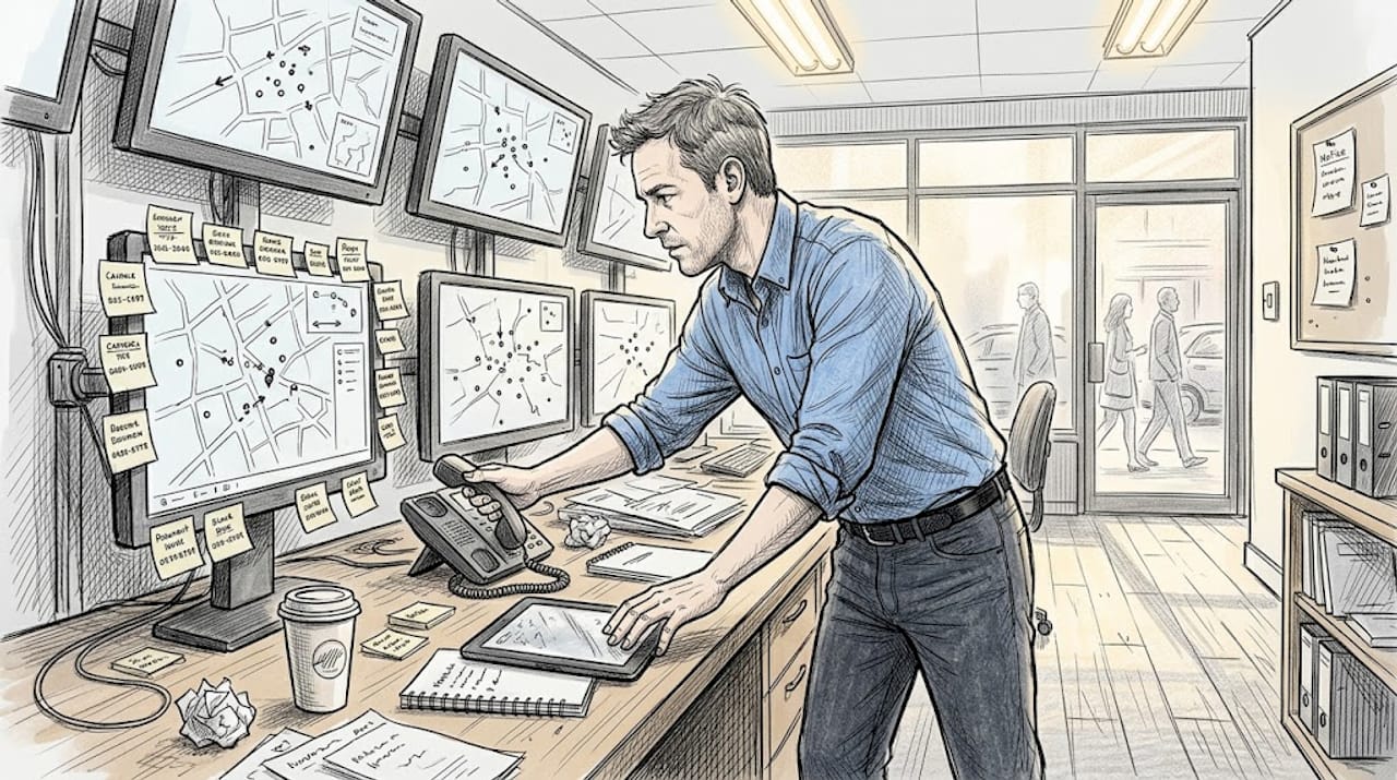 Taxi fleet manager at dispatch monitors