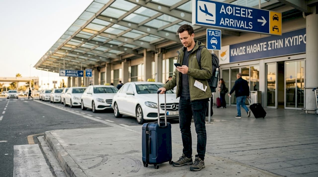 Ένας ταξιδιώτης βγαίνει από το αεροδρόμιο της Λάρνακας, τραβώντας τη βαλίτσα του.