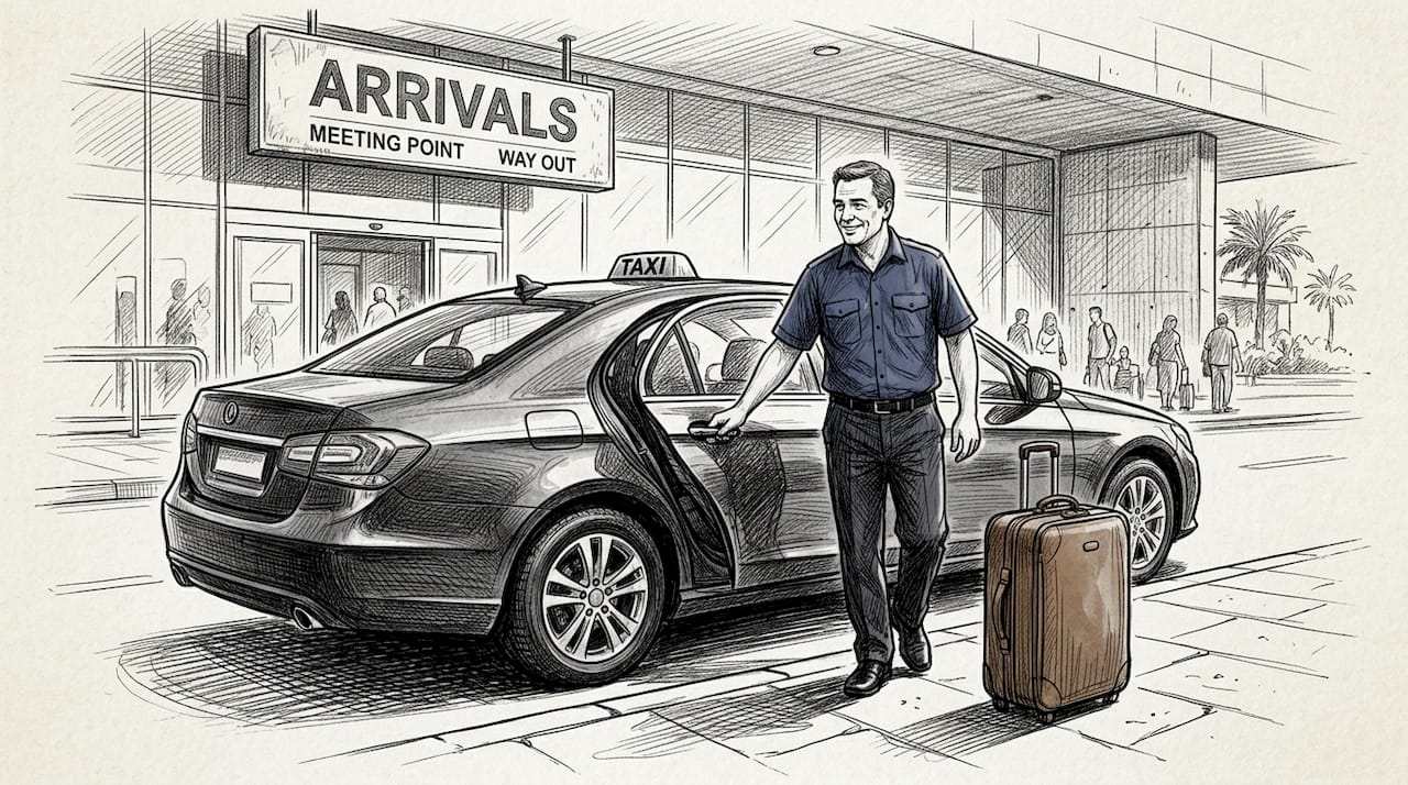 Taxi driver opens car outside Larnaca airport