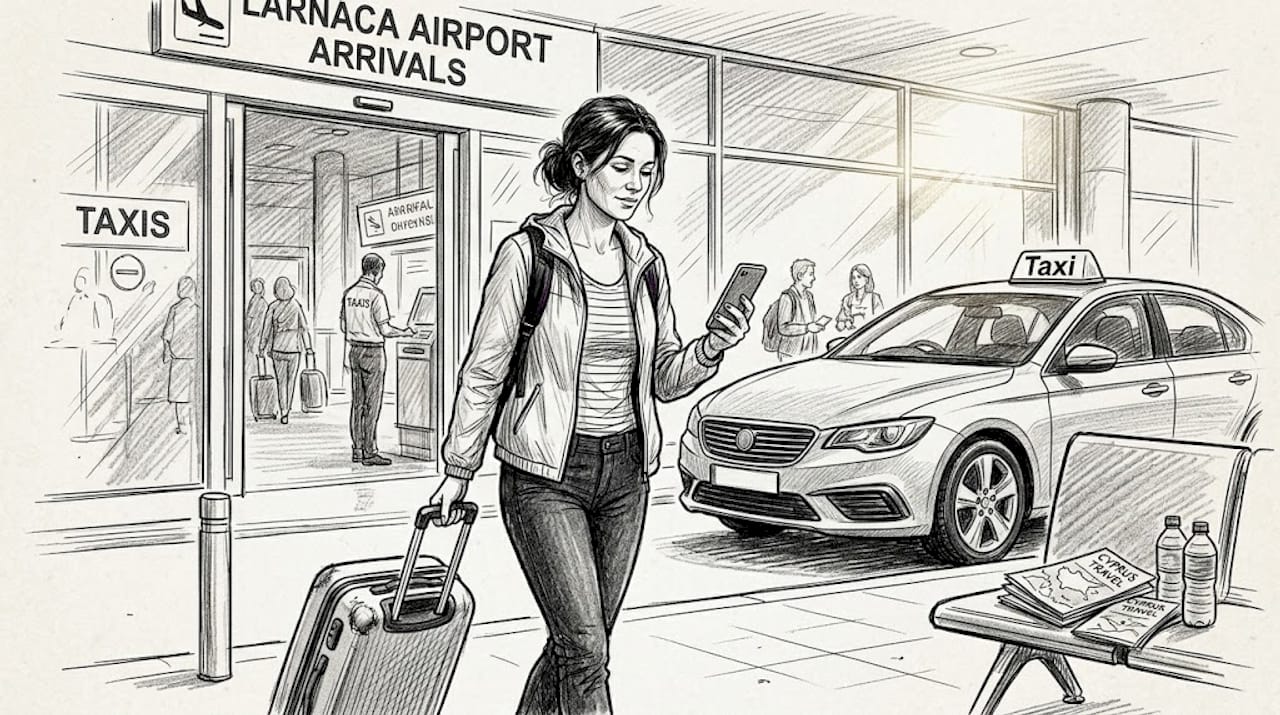 Traveler finding taxi outside Larnaca Airport