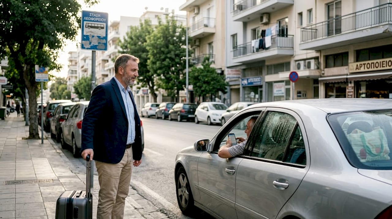 Ένας ταξιδιώτης περιμένει ταξί σε δρόμο της Λάρνακας.