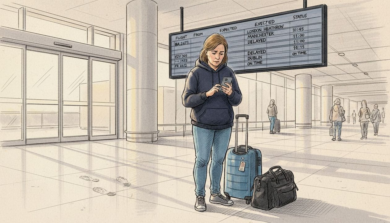 Woman checks airport arrivals for pickup