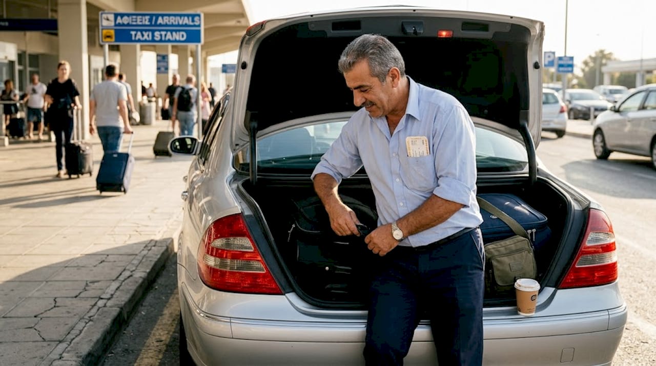 Οδηγός ταξί βοηθάει με τις αποσκευές των επιβατών στο αεροδρόμιο της Λάρνακας.