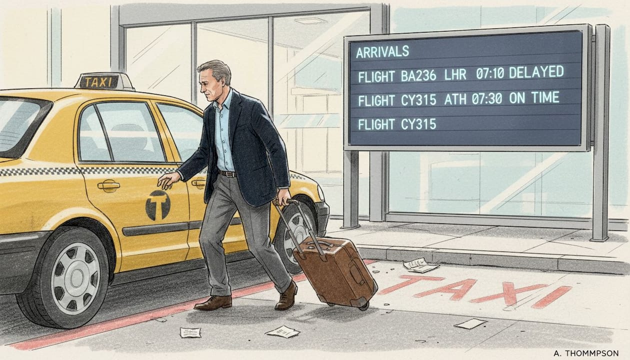 Traveler exiting taxi at airport arrivals