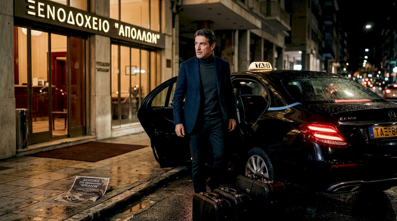 Ένας άνδρας φτάνει στην εκδήλωση το βράδυ και βγαίνει από το ταξί μπροστά στην είσοδο.
