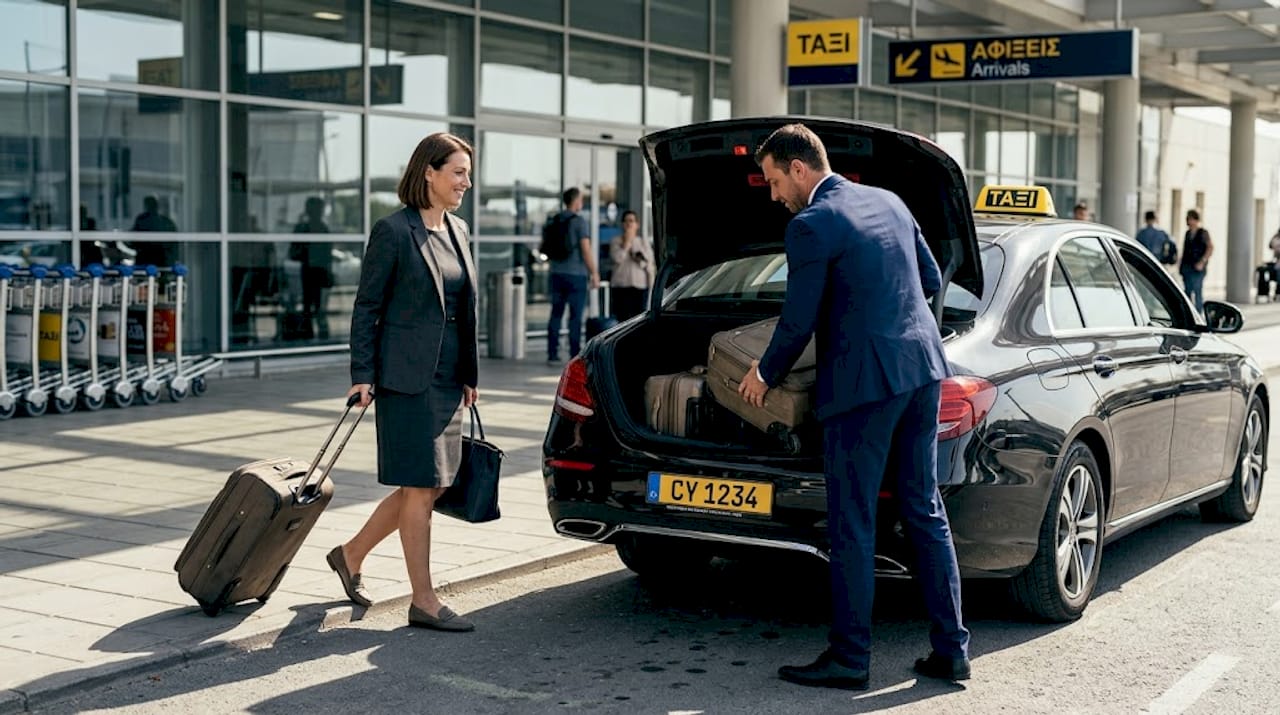 Ένας επαγγελματίας ταξιδιώτης λαμβάνει βοήθεια από τον οδηγό του έξω από το αεροδρόμιο, στη ζώνη αναχωρήσεων.