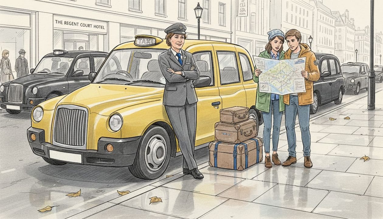 Taxi drivers and tourists with city taxis curbside
