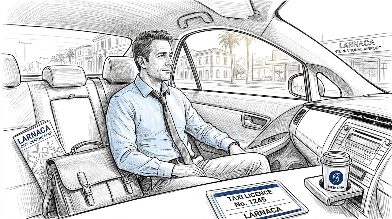 Business traveler seated in licensed Larnaca taxi