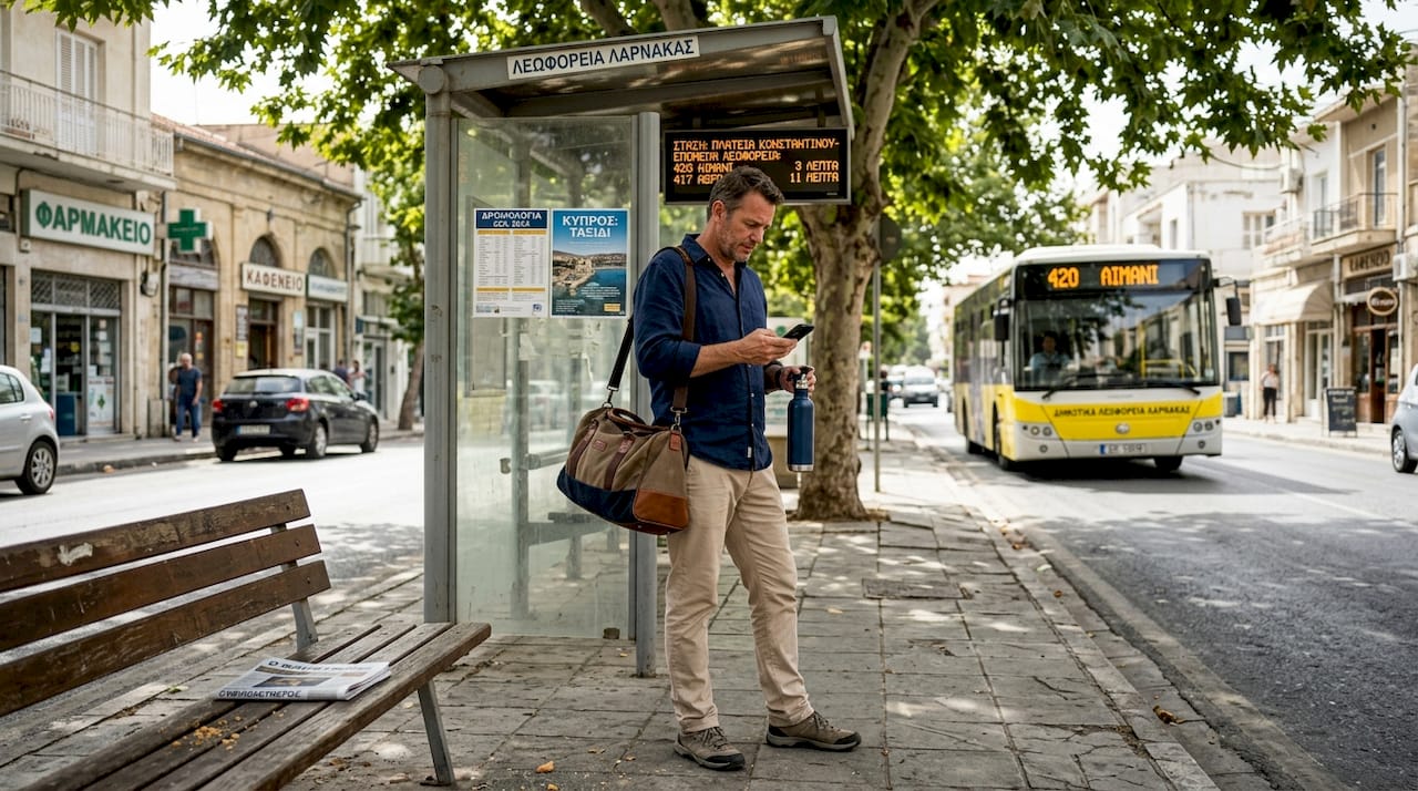 Ένας άντρας περιμένει το λεωφορείο στην Κύπρο και χαζεύει το κινητό του.