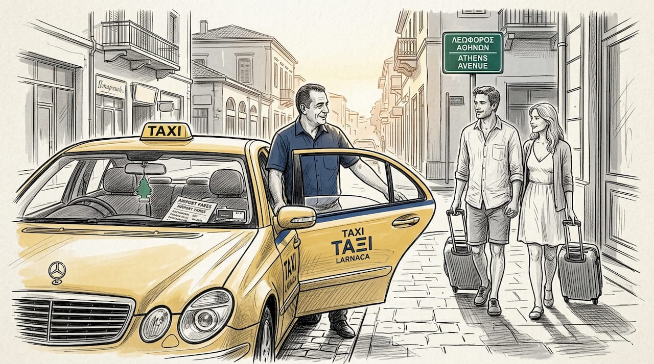 Larnaca taxi driver greeting tourists curbside