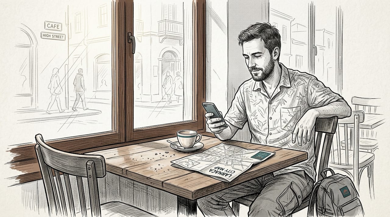 Traveler checking taxi reviews in street café