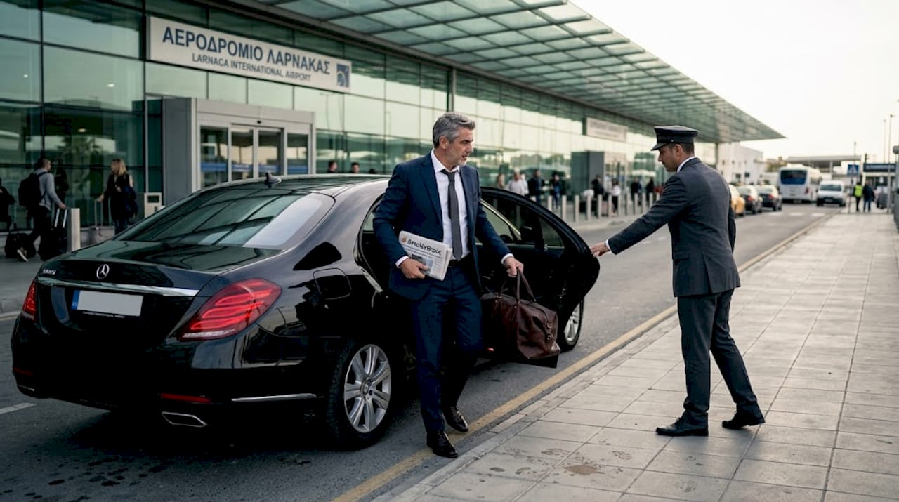 Ένας επιτυχημένος επιχειρηματίας φτάνει στο αεροδρόμιο με πολυτελές αυτοκίνητο, έτοιμος για το ταξίδι του.