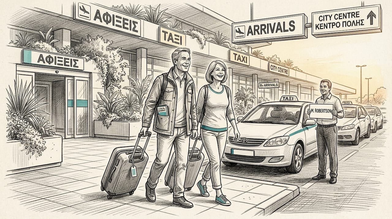 Tourists heading to taxi at Larnaca airport