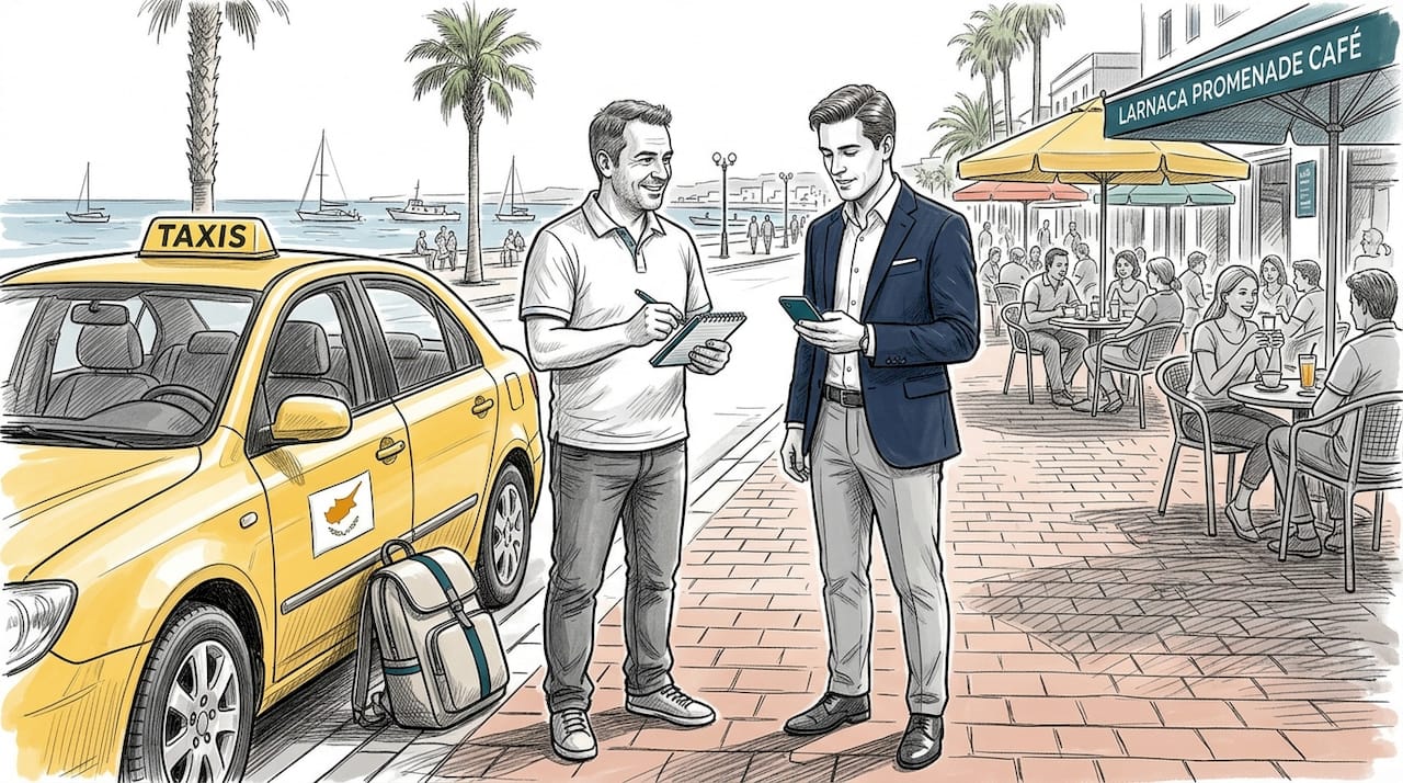 Taxi driver and business traveler on Larnaca street