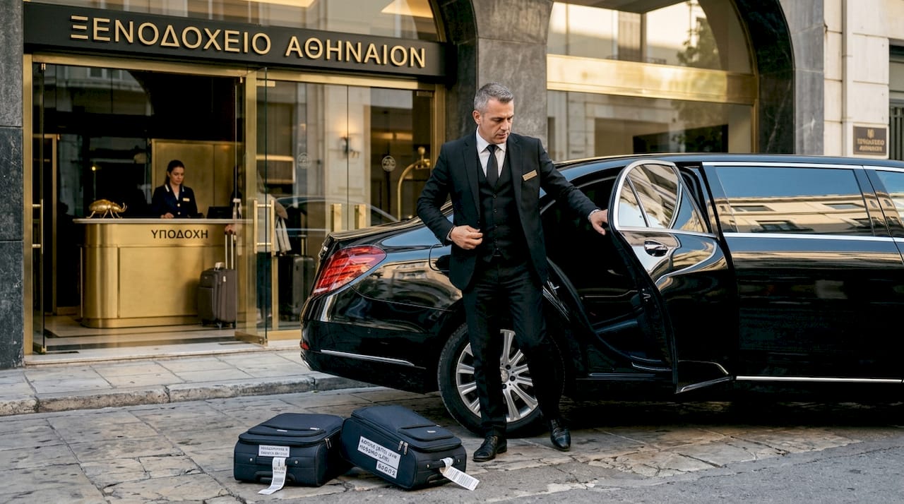 Ο σοφέρ ανοίγει την πόρτα μιας πολυτελούς λιμουζίνας μπροστά στην είσοδο του ξενοδοχείου.